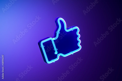 Blue Thumb Up Icon Made Of Blue Neon Lamps. Like Icon on Violet Gradient Background. 3d rendering photo