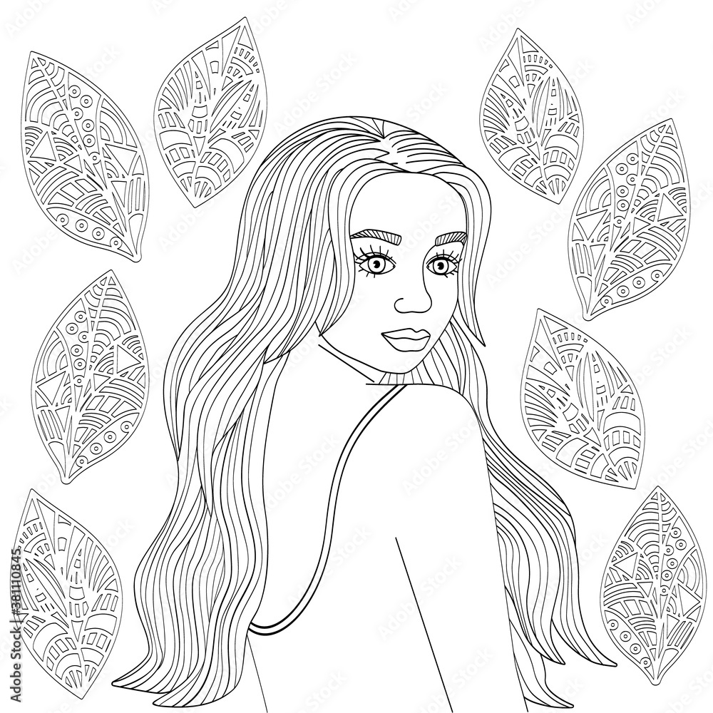 Beautiful girl with long hair and leaves. Black outline, sketch, line