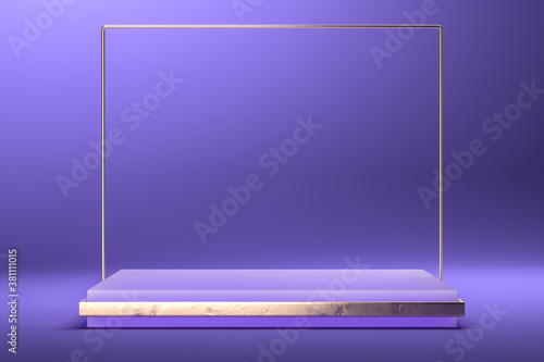 Foursquare Showcase and Metallic Stand As Frame On Violet Background. Copy Space. Empty Space. 3d Rendering © ekostsov
