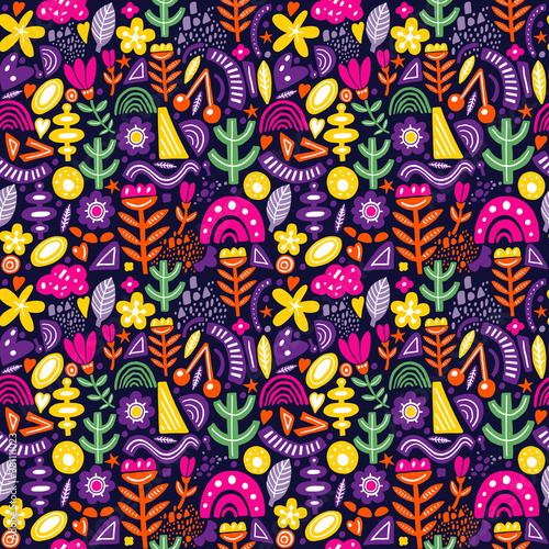 Collage style seamless pattern with abstract and organic shapes in bright color on dark. Modern and original textile, wrapping paper, wall art design.