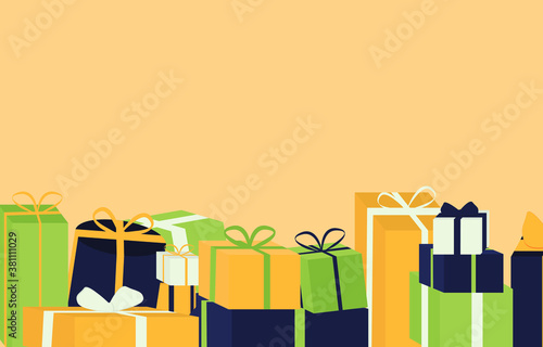 Vector set of different boxes, flat style. Vector illustration. Green, blue, yellow and white gifts on beige background. Banner, postcard, invitation with copy space. Cute and festive web background.