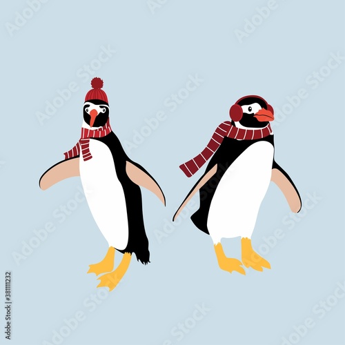 Set of Christmas and New Year  penguins. Element for greating card and templates.