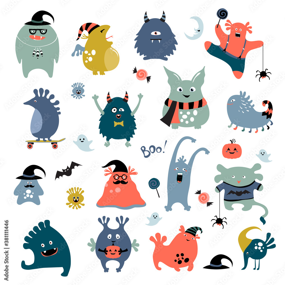 Monsters set. Funny fantasy creatures. Halloween illustration