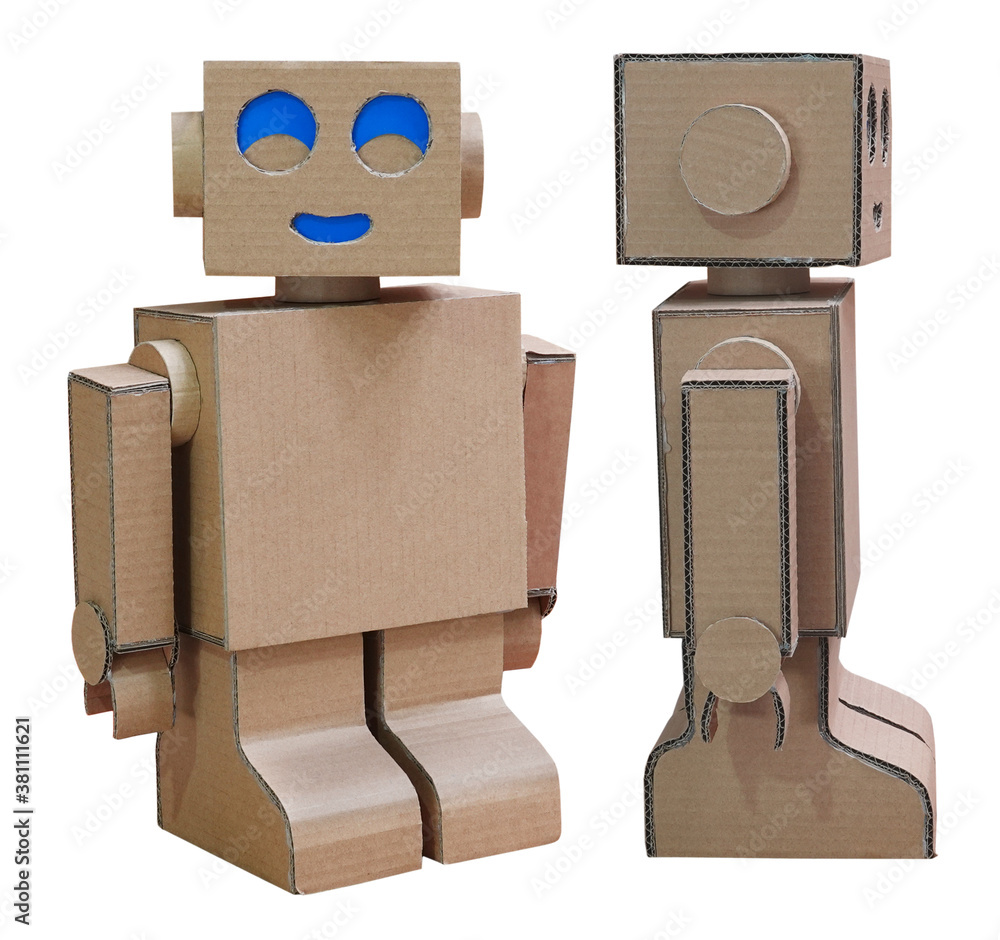 Robot homemade craft toy made of cardboard isolated on white background - obrazy, fototapety, plakaty 