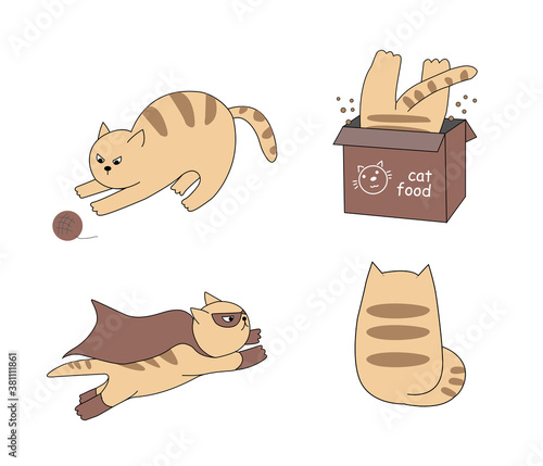 Funny cartoon cats. Striped and orange pets. Characters with different emotions and actions. They hide in a box, play with a ball and a super cat.
