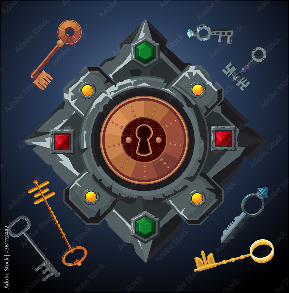 Quest game vector object. Lockhole with vintage keys. Door emblem. Escape room background.