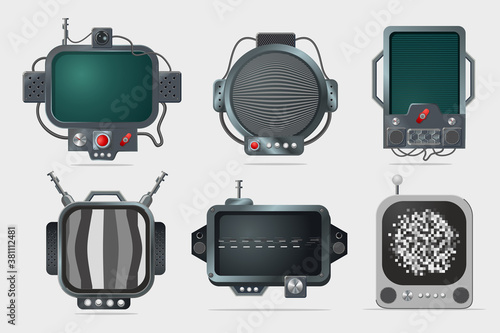 Vintage display set. TV screen design. Cyberpunk style concept art. Old computer isolated on white background. Realistic icons.