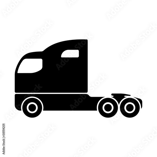 Big heavy haul truck tractor icon. Black silhouette. Side view. Vector flat graphic illustration. The isolated object on a white background. Isolate.
