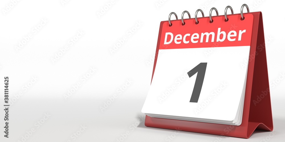 December 1 date on the flip calendar page, 3d rendering December 1 date on the flip calendar page, 3d rendering