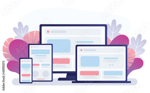 Adaptive programming icons set. Multi device development, software engineering. Responsive web design, The website is open on computer, laptop, tablet and smartphone. Flat vector /Icon illustration.