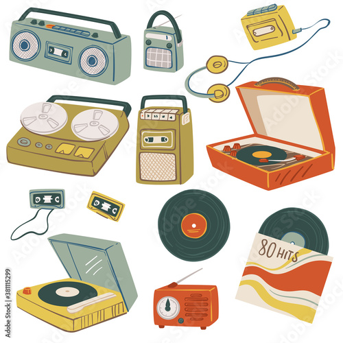 Old magnetophones and tape recorders, vintage gadgets vector