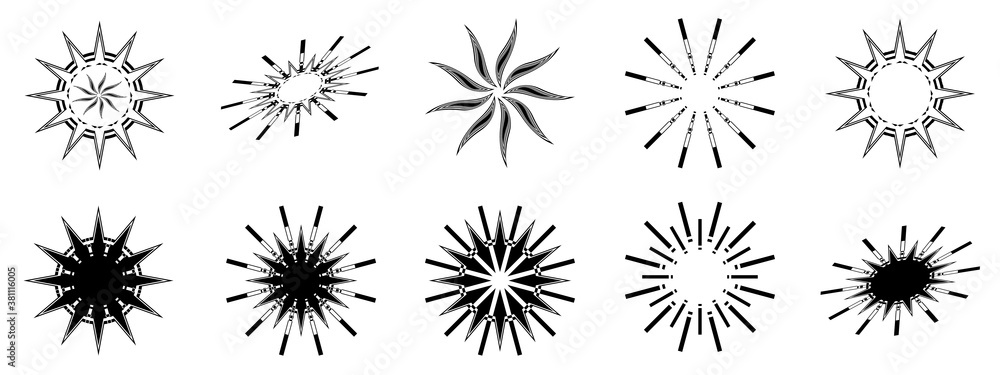Vector collection of silhouette Sun stars burst sunburst snowflakes creative icons collection, abstract backgrounds wallpaper art graphic design illustration modern style 