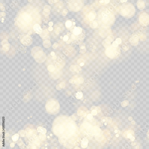 Festive background with defocused lights. Effect of bokeh circles. Christmas glowing warm golden glitter element. Vector illustration isolated on transparent background