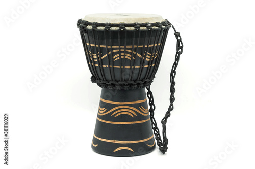 A complete black musical djembe conga drum isolated on a white background.