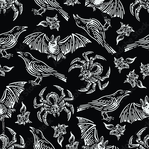 seamless pattern of bat, spider, raven, candle in dark background. Vector Happy Halloween greeting card and trick or treat