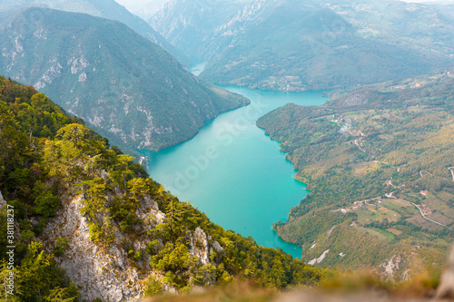 Tara National Park, Serbia. Viewpoint Banjska Stena. View at Drina river canyon and lake Perucac with Focus on the lake and canyon