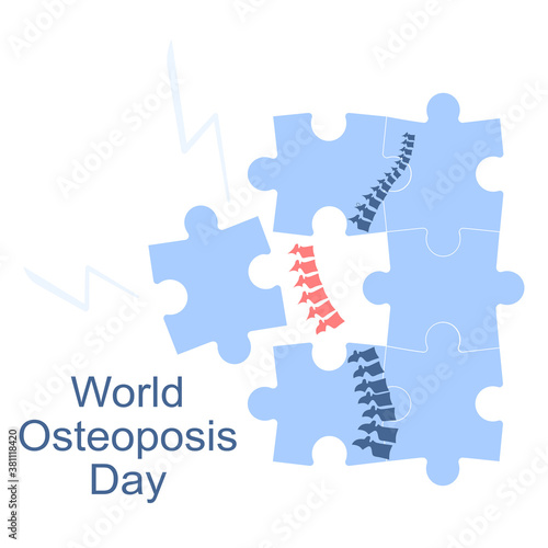 World Osteoporosis Day. Human spine with disease and pain.Fragile and broken bones.Skeleton falls apart by puzzles. Movement disability and arthritis,disease of joint.Vitamin D deficiency