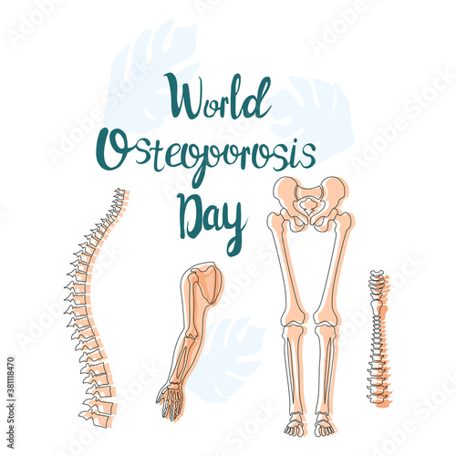 World Osteoporosis Day concept. Movement disability and arthritis,disease of elbow and hip joint. Vitamin D deficiency. Human spine with disease and pain.Fragile and broken bones,skeleton.Vector