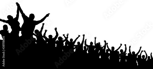 Cheerful crowd cheering applause. Fans happy people. Party disco concert sport. Silhouette vector illustration