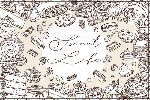 Dessert set, cake, pastry, muffins, strudel, waffles and more item are hand-draw vintage engraving illustration frame for poster, label and menu. Illustration set in graphic sketch style.