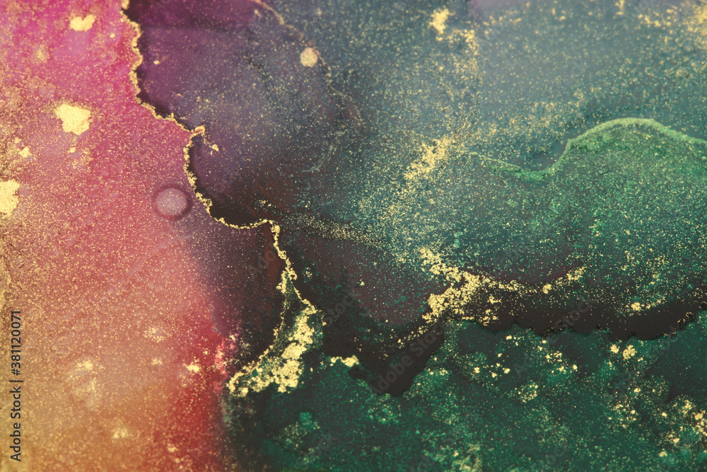 Fototapeta premium Art Abstract horizontal background. Painting flow blots with gold glitter. Alcohol ink colors. Marble texture.