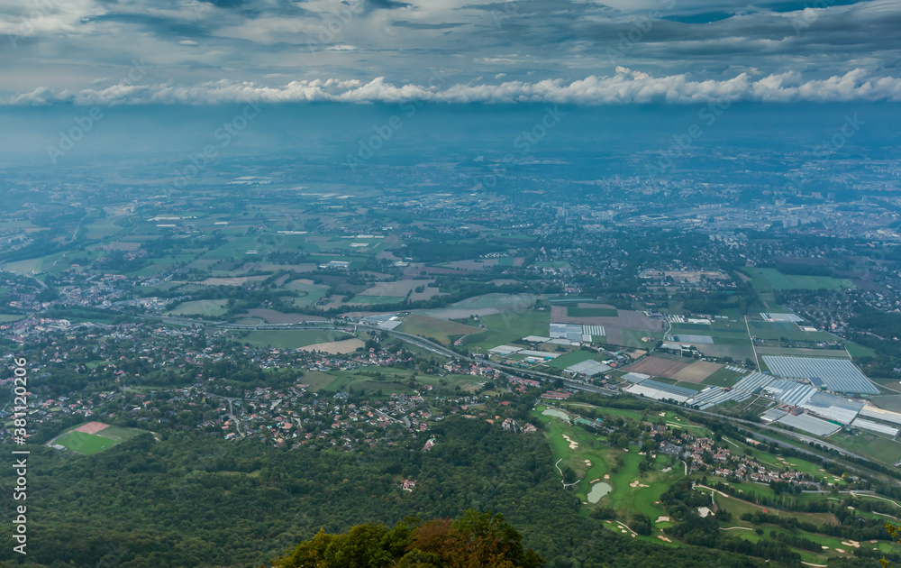 Wide view from Saleve summit on A41 speed way. September, 2020,  France.