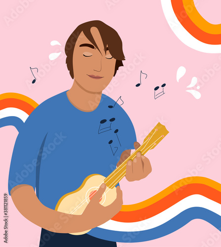 Young man is playing the ukulele. Musical notes and rainbows are on a background. Vocal or instrumental sound. Poster for acoustic bar, theater,jazz club. Small hawaiian guitar for music festival