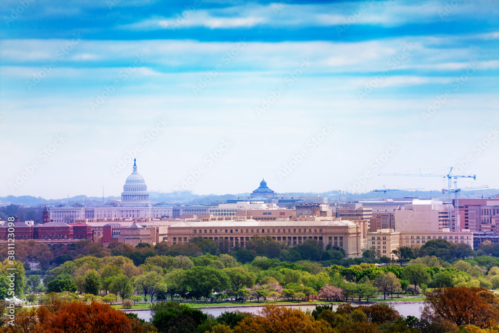 National mall in Washington and congress capitol building over Potomac River