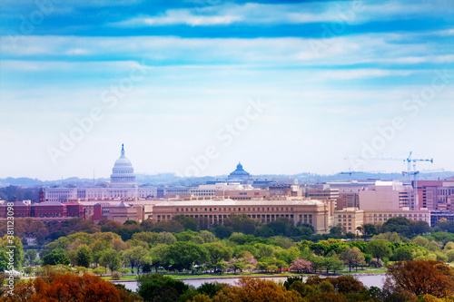National mall in Washington and congress capitol building over Potomac River