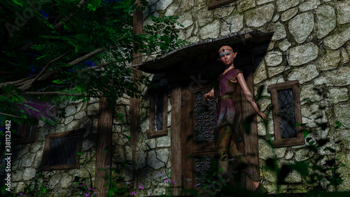 Forest elf with no hair in front of the house in the forest © akarb