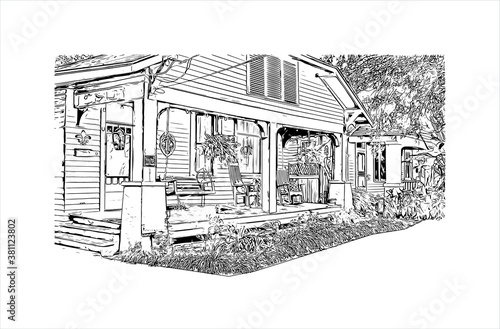Building view with landmark of Baton Rouge is a city on the Mississippi River, and the capital of Louisiana. Hand drawn sketch illustration in vector.