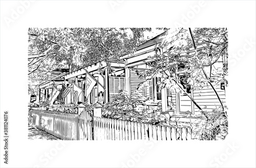 Building view with landmark of Baton Rouge is a city on the Mississippi River, and the capital of Louisiana. Hand drawn sketch illustration in vector.