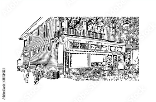 Building view with landmark of Baton Rouge is a city on the Mississippi River, and the capital of Louisiana. Hand drawn sketch illustration in vector.