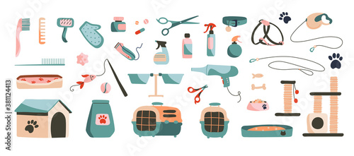 Set of vector illustration. Products for animals, pet shop. Booth, pet bowls, food, leashes, collars, sprays, vitamins, grooming products. Objects isolated on white background, cartoon style.