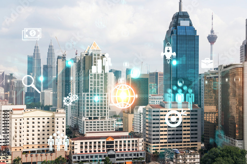 Photography Research and development hologram over panorama city view of Kuala Lumpur