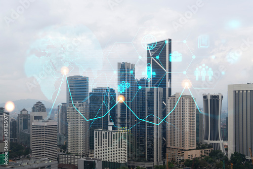 Canvas Print Research and development hologram over panorama city view of Kuala Lumpur