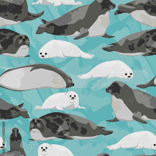 Seamless pattern. Harp Seal against the background of ice floes. Males, females and pups of Pagophilus groenlandicus. Animals mammals of the Arctic. Vector illustration