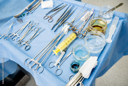 Steralized surgery instruments and devices on the table. photo