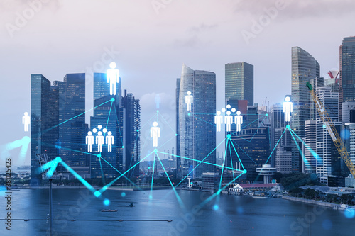 Photography Social media icons hologram over panorama city view of Singapore, Asia