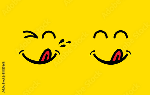 Yummy smile emoticon with tongue lick mouth. Tasty food eating emoji face