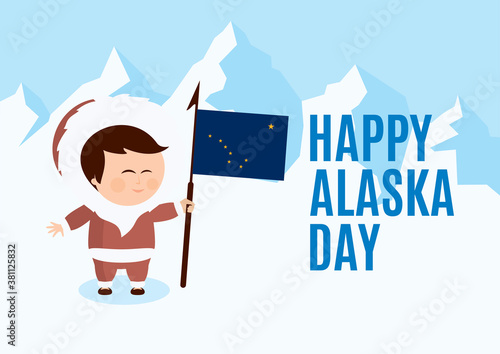 Happy Alaska Day vector. Cute Inuit with Alaska flag cartoon character. Alaskan people in a winter landscape vector. Important day © betka82