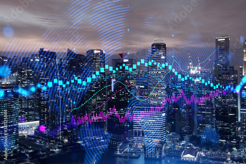Glowing FOREX graph hologram, aerial panoramic cityscape of Singapore at sunset. Stock and bond trading in Asia. The concept of fund management. Double exposure.