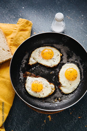 Fried egg cooking in frying pan