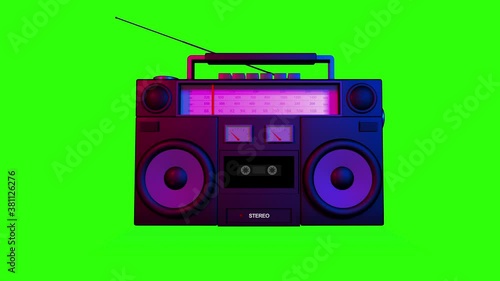 Realistic mock up of radio vibrating speaker and playing the cassette animation, isolated on green screen background.