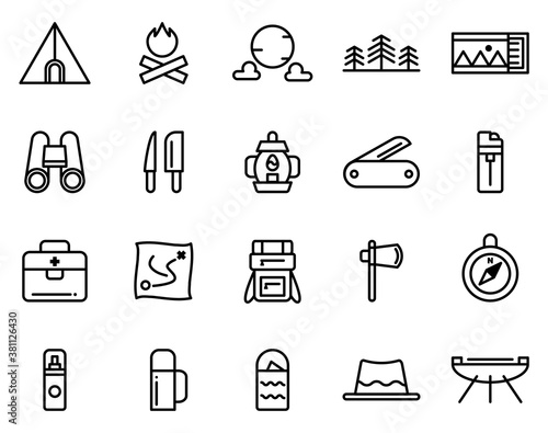 Simple set of camping on white background, sach as knife, campfire, axe, backpack and compass.