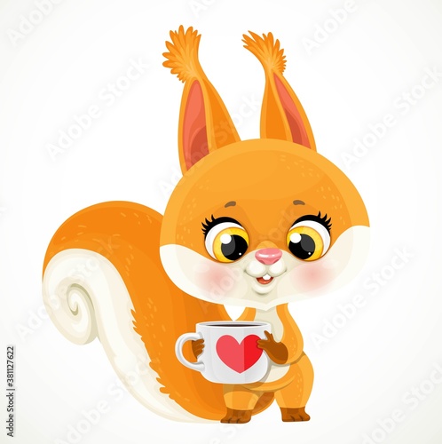 Cute little red squirrel with a cup of tea or coffee isolated on white background