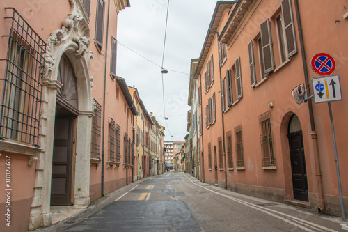 Street view with medieval buildings in the historical center of Ravenna, Italy