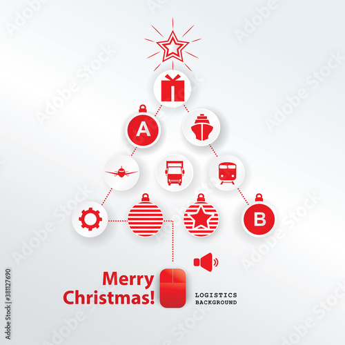 Christmas logistics card. Schematic christmas tree with PC mouse on white background. Flat icons