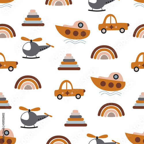 seamless pattern with car boat and helicopter - vector illustration, eps