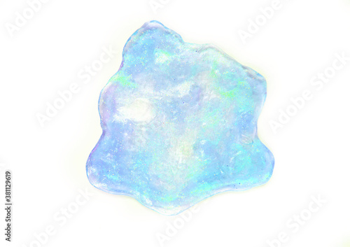 textured neon blue transparent slime with glitter inside. Macro of kids toy slime. isolated on white background 